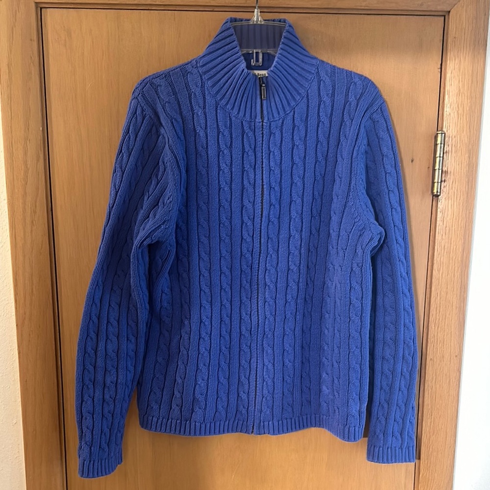 L.L. Bean Women’s Cable Knit Full Zip Sweater Cotton Blue Size Large Petite